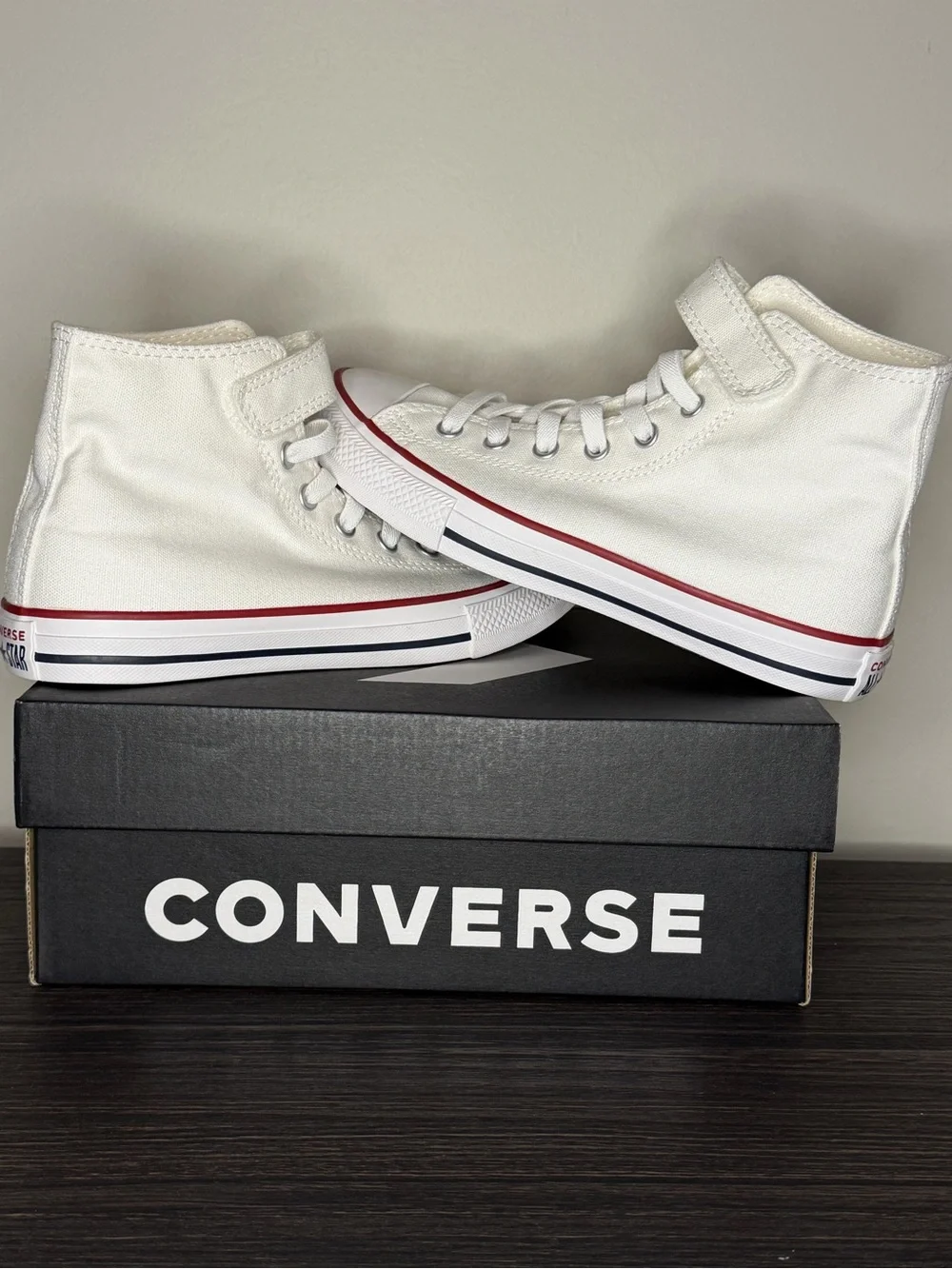 Converse White High Top Canvas Sneakers with Red and Navy Trim